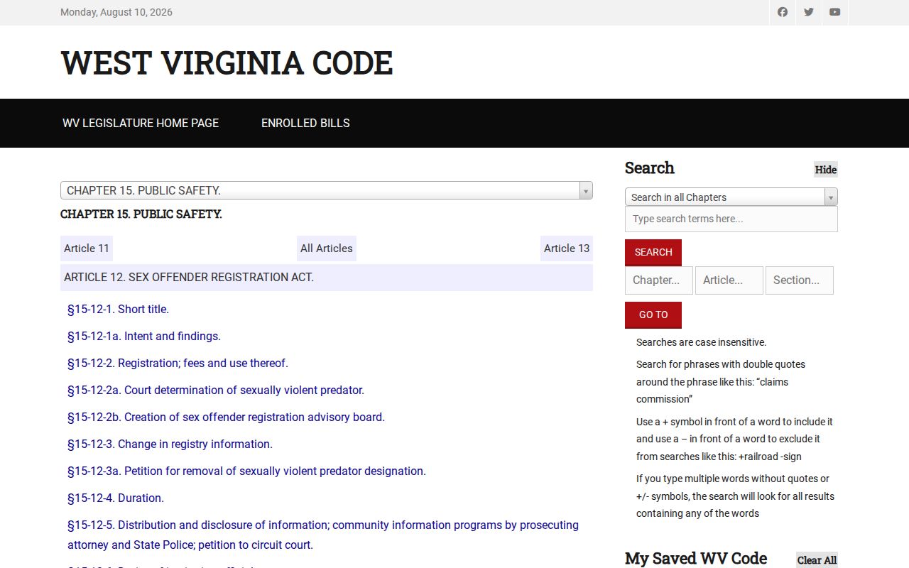 West Virginia law governing Clay County sex offender registry requirements