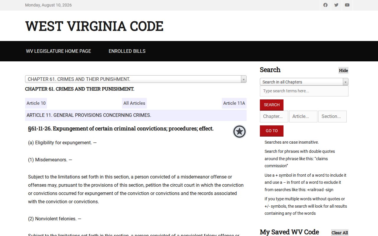 West Virginia qualifying conviction expungement statute