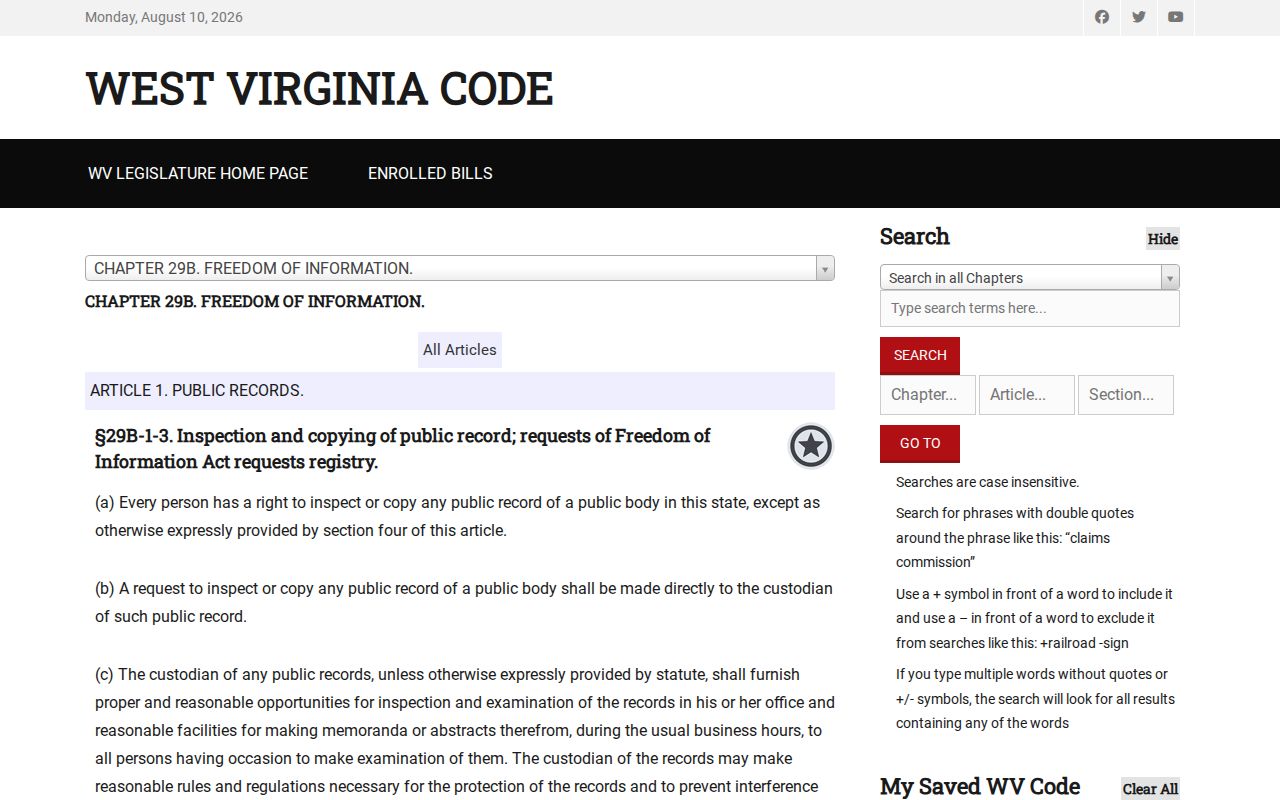 West Virginia FOIA inspection and copying statute